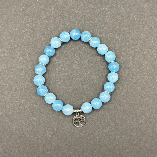 blaues Armband aus Aquamarin Perlen mit Lebensbaum Yggdrasil Weltenbaum Anhänger Charm