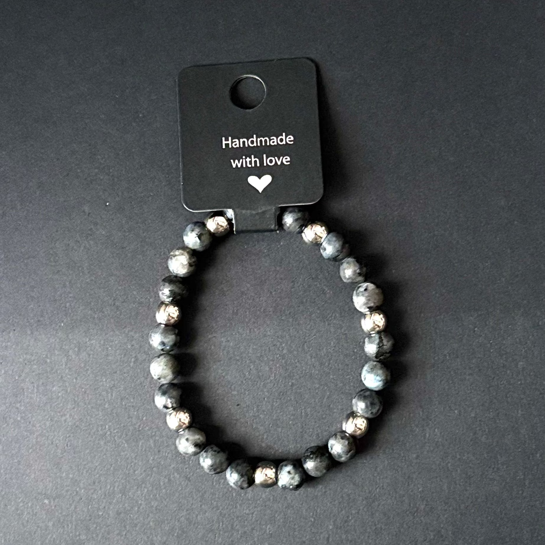 Mary Nightmare Armband aus Schwarz grauem Larvikit  8mm Perlen, Edelstahl Perlen 7mm