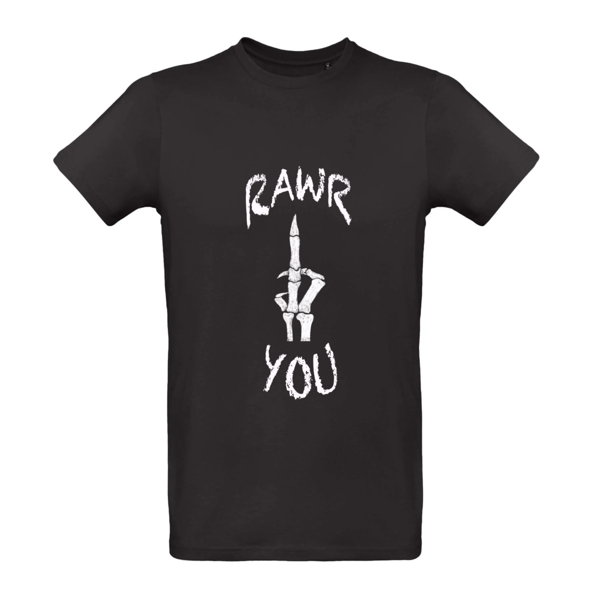 weißer Rawr you und Mittelfinger Print auf schwarzem unisex T-Shirt
