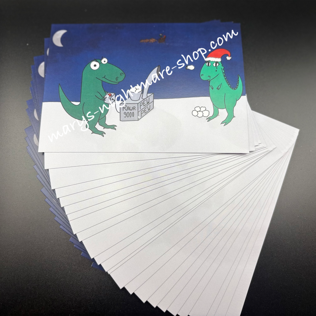 Weihnachtliche  Postkarte mit zwei Dinosauriern die eine Schneeballschlacht veranstalten