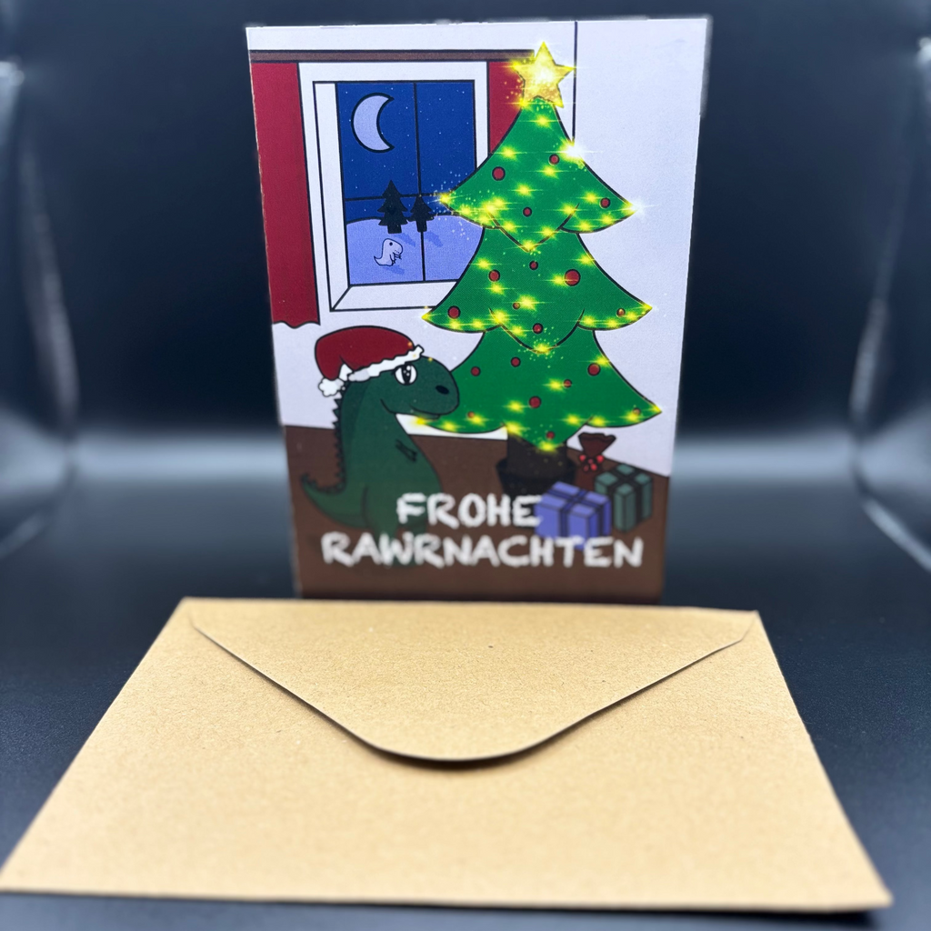 grüner Dino vor leuchtendem Weihnachtsbaum